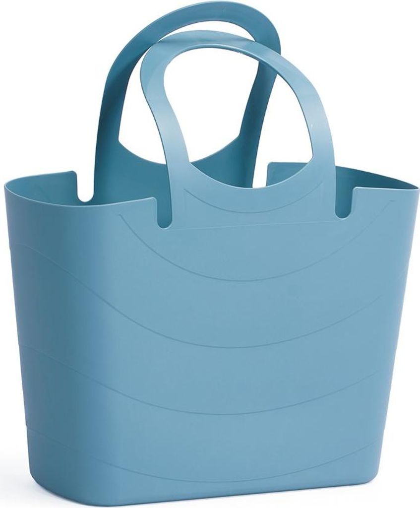 A blue tote bag with curved lines on its side and two handles.