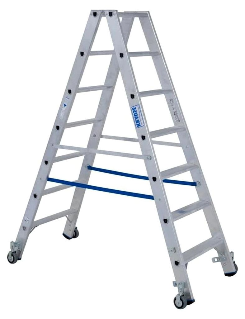 Stehleiter mit Rollen, 2 x 7 Trittstufen, 1,65 m Höhe, 3,2 m Gesamthöhe