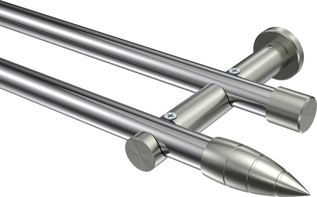 Interdeco Gardinenstange / Vorhangstange Chrom / Edelstahl-Optik, Typ Platon Samanto (Rillenpatrone) ohne Ringe, 20 mm Ø 2-läufig, 200 cm