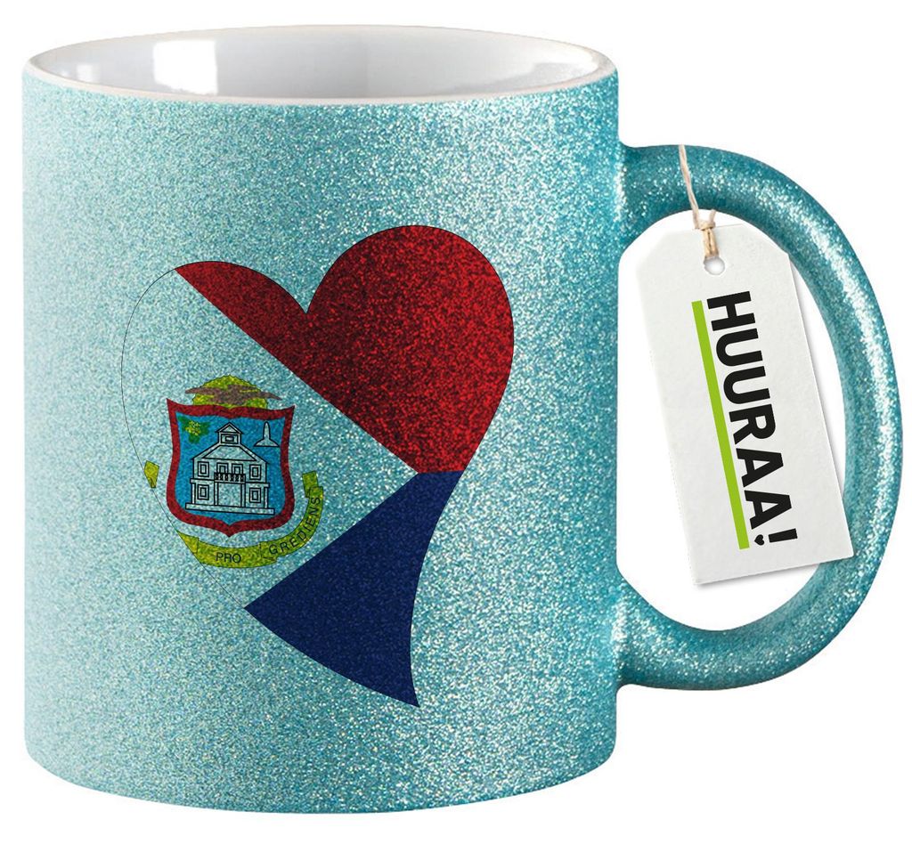 Huuraa Glitzertasse Sint Maarten Flagge Herz 330ml Blau Keramik Kaffeebecher Geschenkidee
