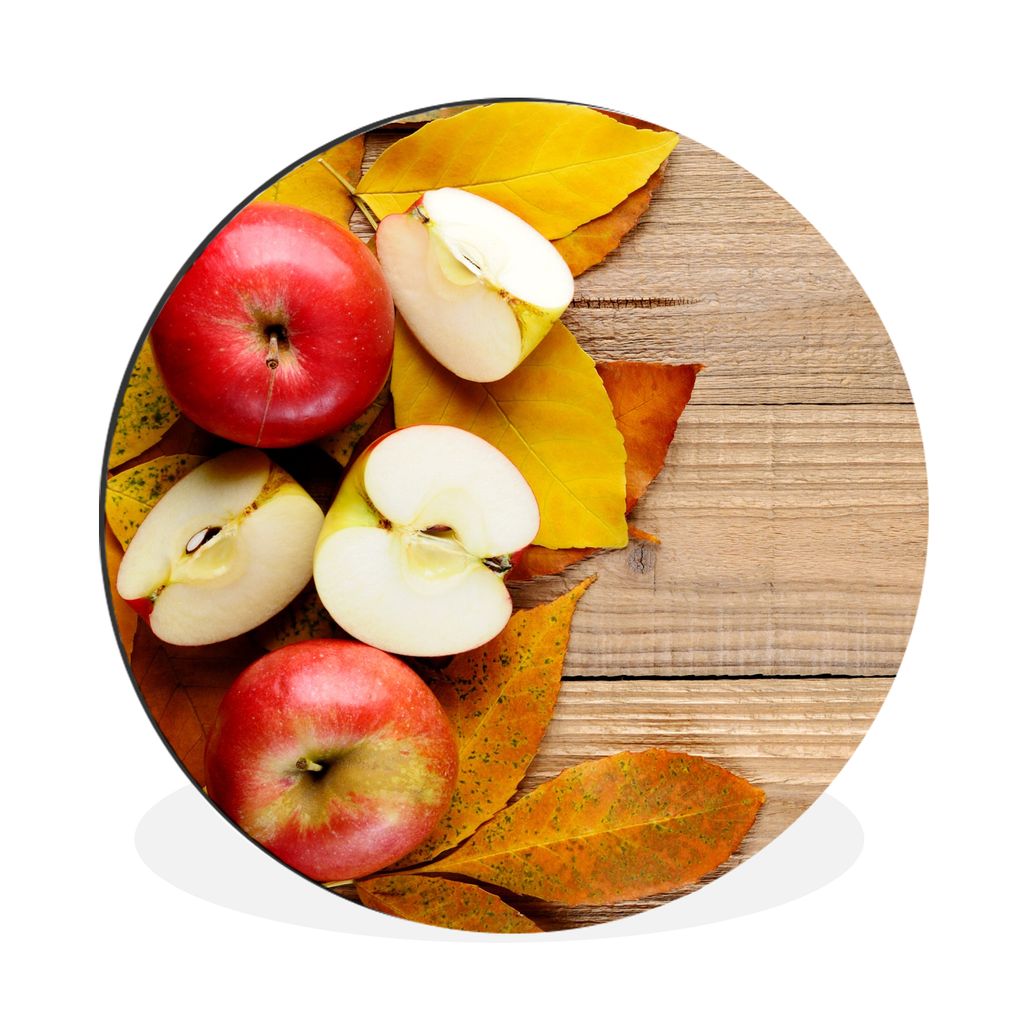 MuchoWow Aluminium Wandkreis Apfel - Blätter - Herbst - Obst Ø 90 cm Wanddeko Modern Wohnzimmer - Mauerkreis - Wandbilder - Runde Bild - Bild a...