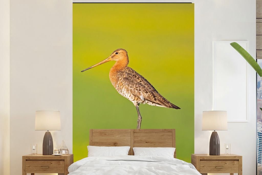 MuchoWow Fototapete für Wohnzimmer oder Schlafzimmer Wandtapete Vinyl Motivtapete Vogel - Tiere - Uferschnepfe - Pfahl - Grün - 180x280 cm - Wa...