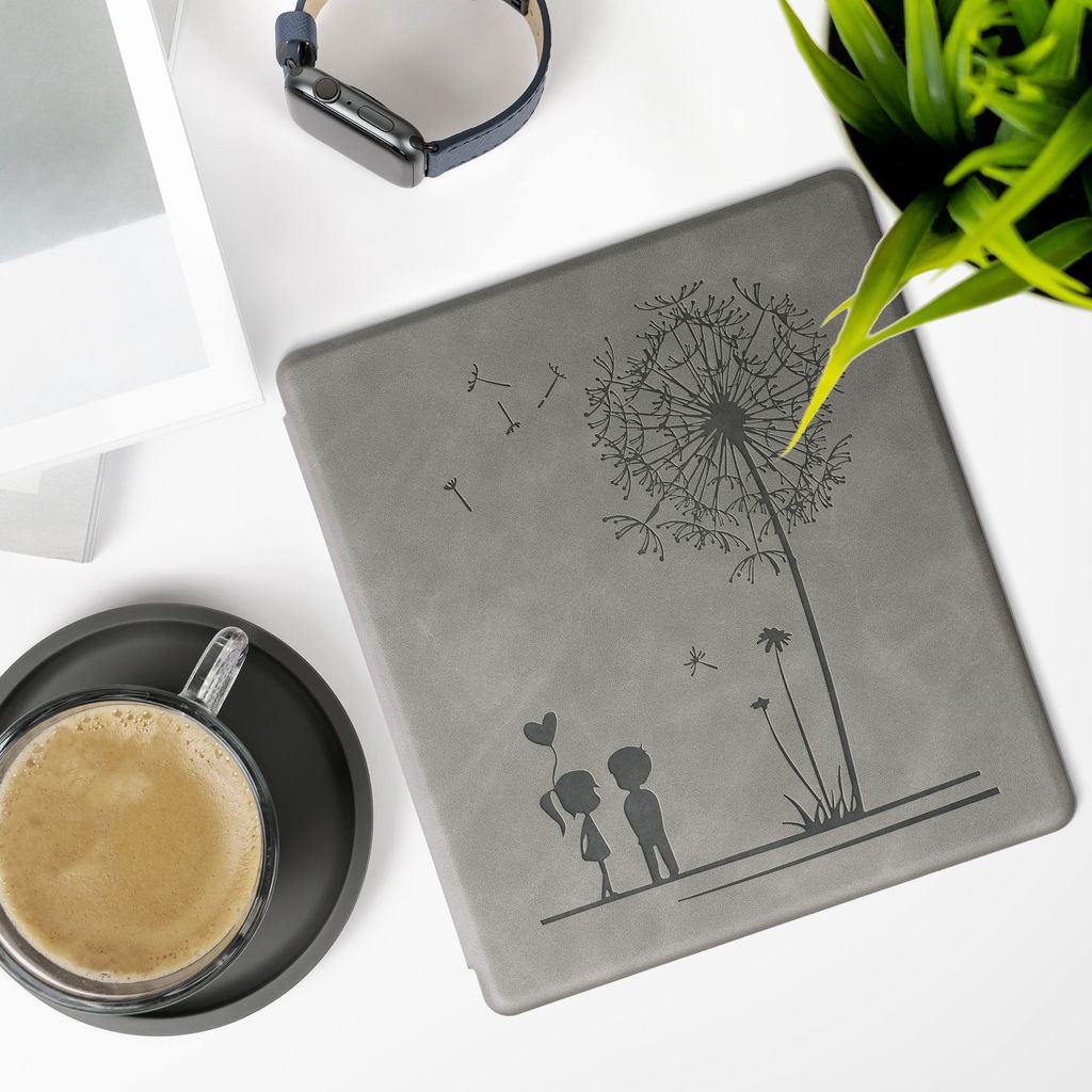 kwmobile Schutzhülle für Amazon Kindle Oasis 10. Generation Hülle - eReader Case aus Kunstleder mit Auto Sleep Funktion - Pusteblume Love mit Grau