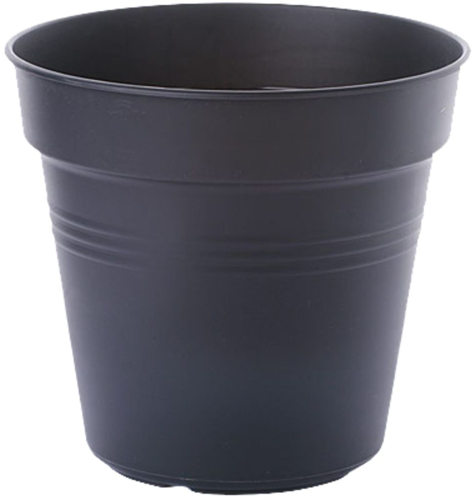 A black plastic plant pot is shown against a white background.