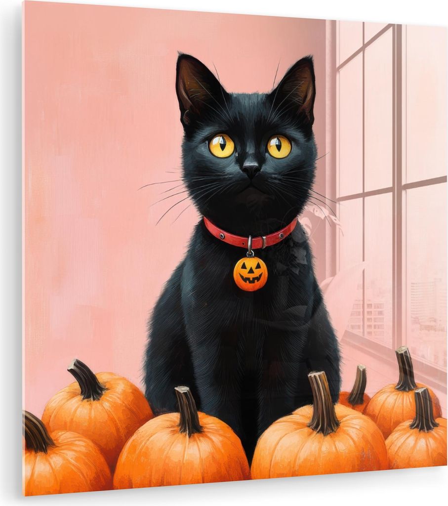 MuchoWow Glasbilder - Bilder auf Wandbild - Foto auf Glas Katze - Kürbis - Rosa 90x90 cm Wanddekoration aus Glas - Acrylglasbild - Acrylbilder - W...