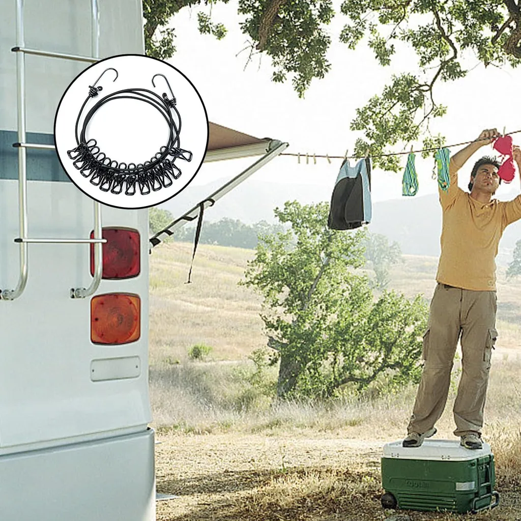 Corde à linge coupe-vent élastique 1,8m avec 12 pinces de maintien