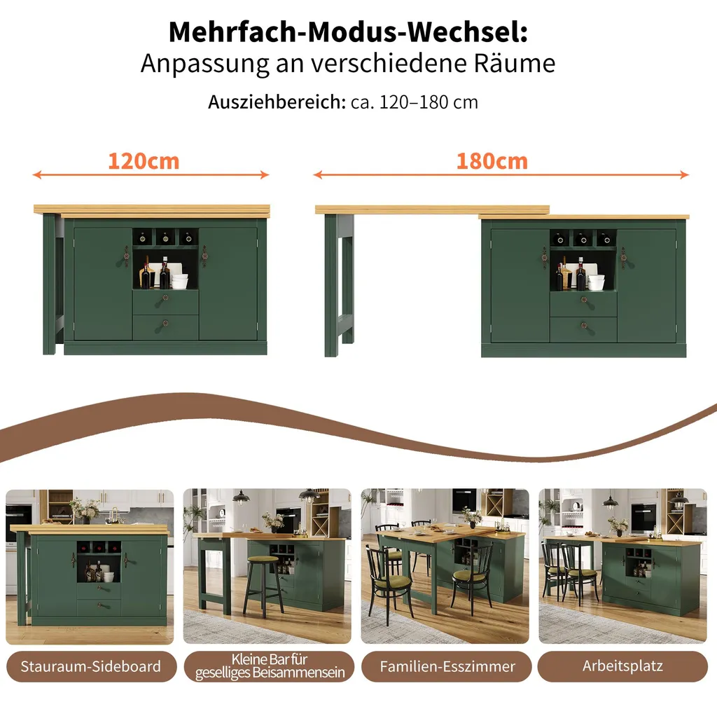 Table haute 360° modulable vert foncé, buffet extensible avec étagères - 10