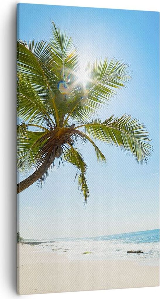 Bild auf Leinwand - Leinwandbild - Strand Palme Meer - 55x100cm - Wand Bild - Wanddeko - Wandbilder - Leinwanddruck - Bilder - Kunstdruck - Wanddek...
