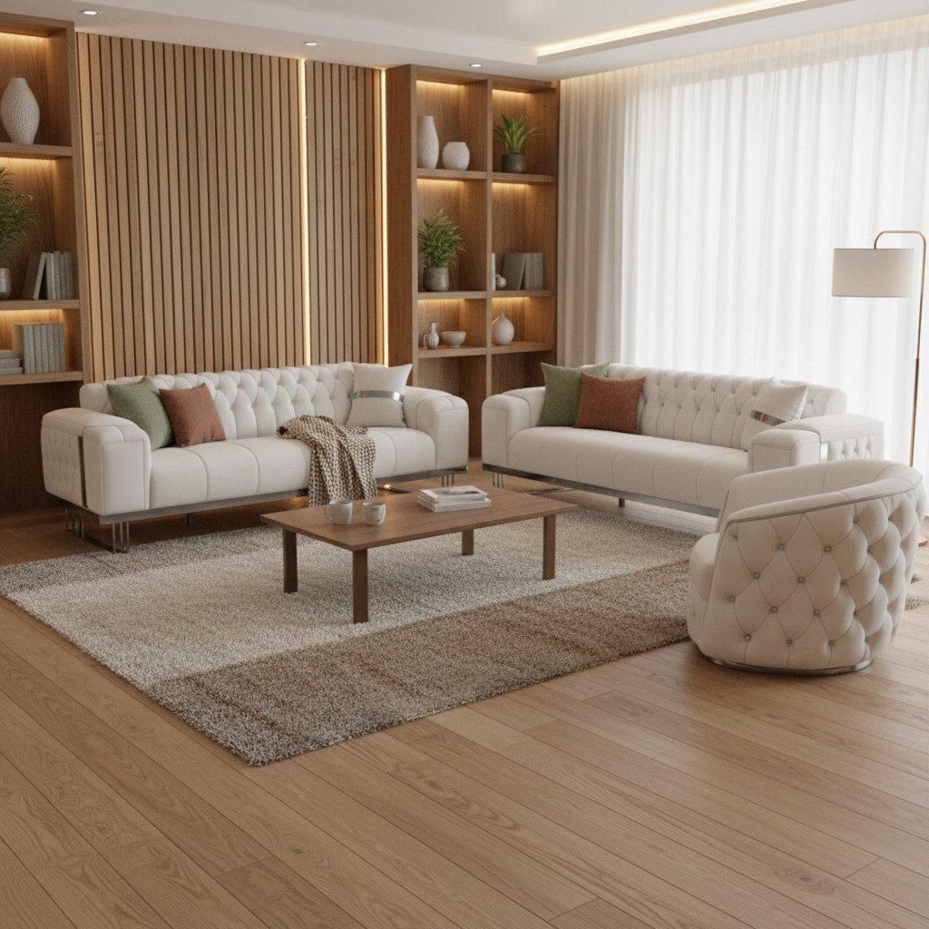 Sofa Imperial Premium Chromfarben, 3-Sitzer mit Schlaffunktion, Sitzausführung wählbar Ausführung: 3-Sitzer + 2-Sitzer + Sessel Farbe: Weiß