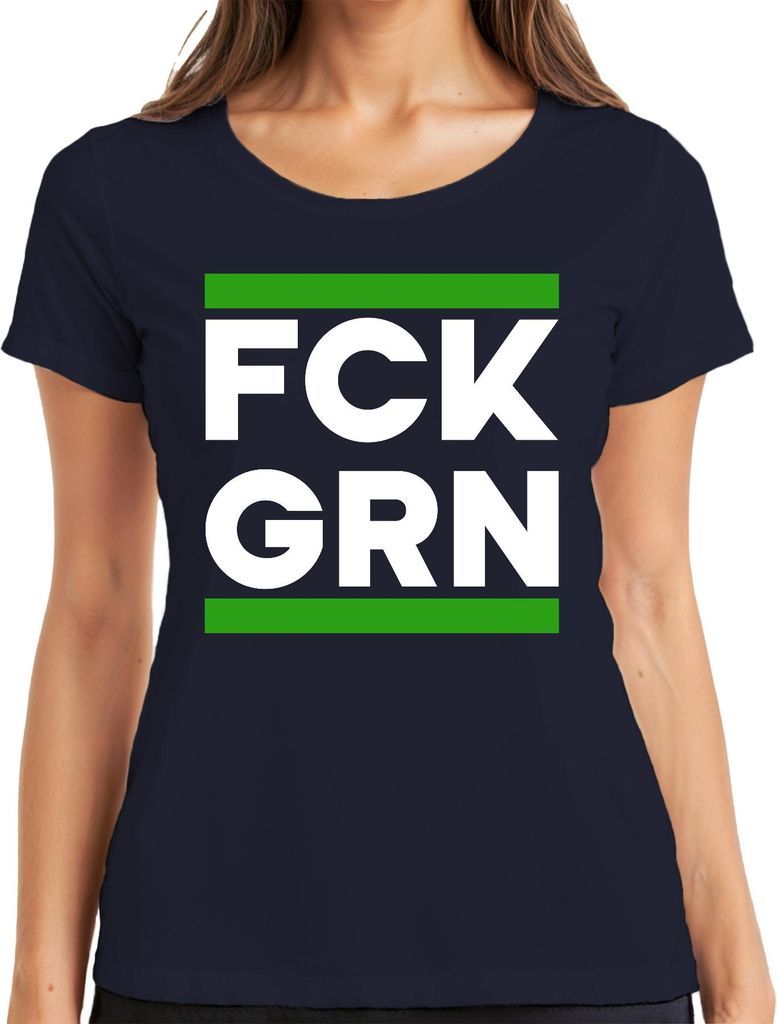 FCK GRN Anti Grün Protest Politik Klima Kritik Satire Spruch Damen T-Shirt, Navy, 3XL