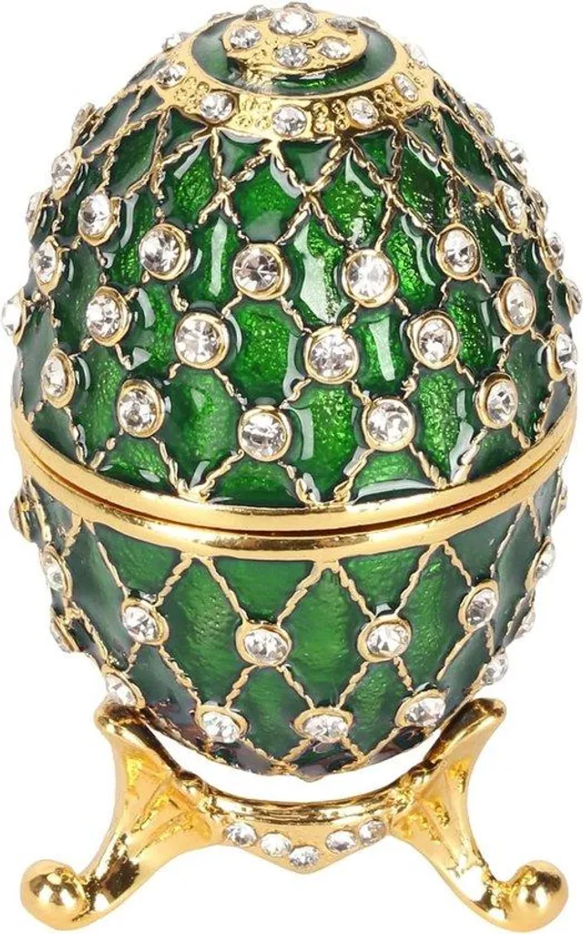 Boîte à bijoux œuf émaillé vert avec couvercle basculant peint à la main