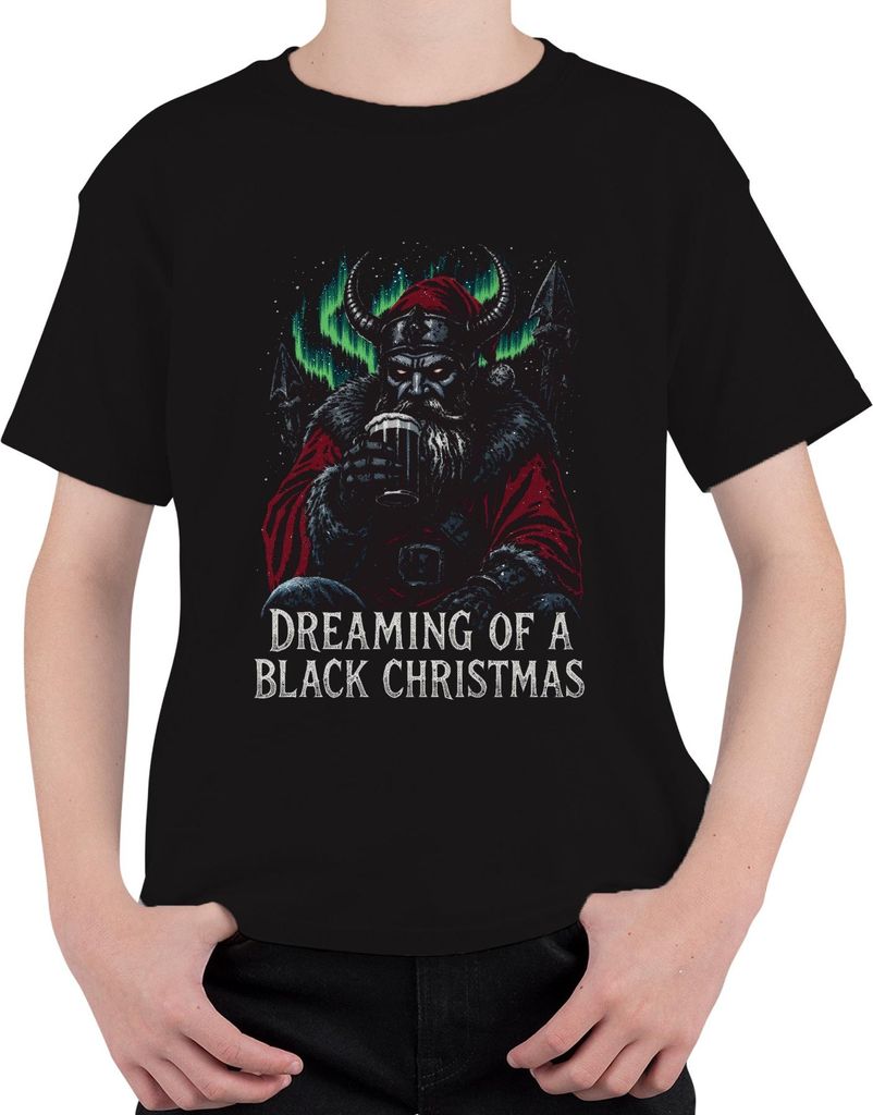 Dreaming of a Black Christmas Viking Santa Norse Aurora Beer Uni Kinder T-Shirt, Schwarz, 104