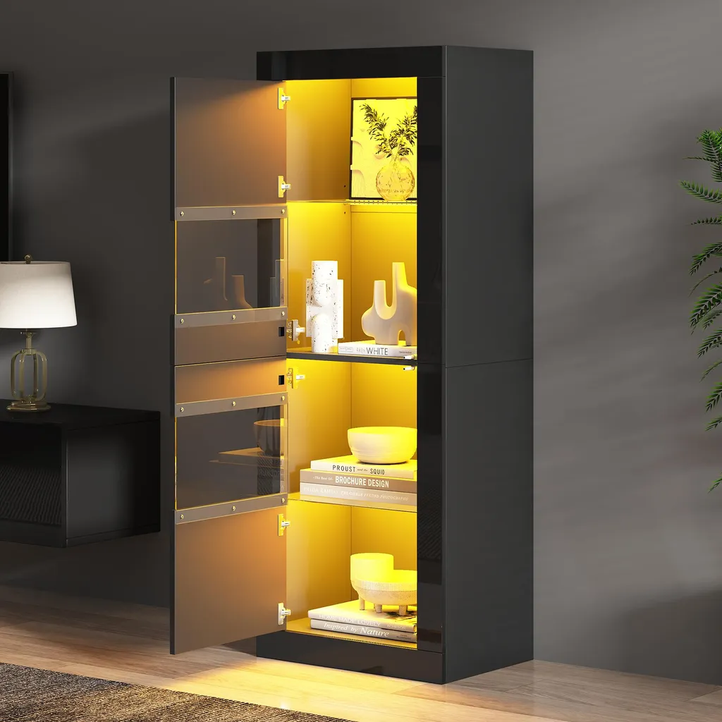 Buffet Vitrine Haute de Salon Noire Design Contemporain avec Vitre LED