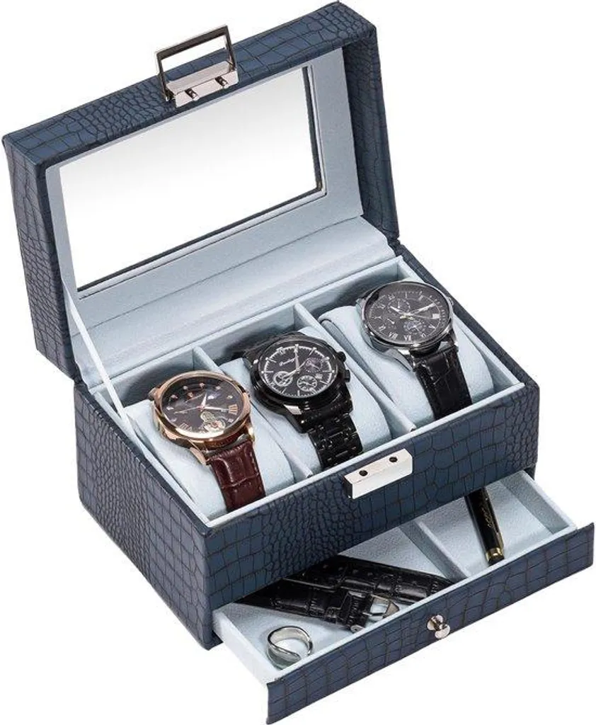Coffret de rangement montres 3 slots en verre bleu pour collection