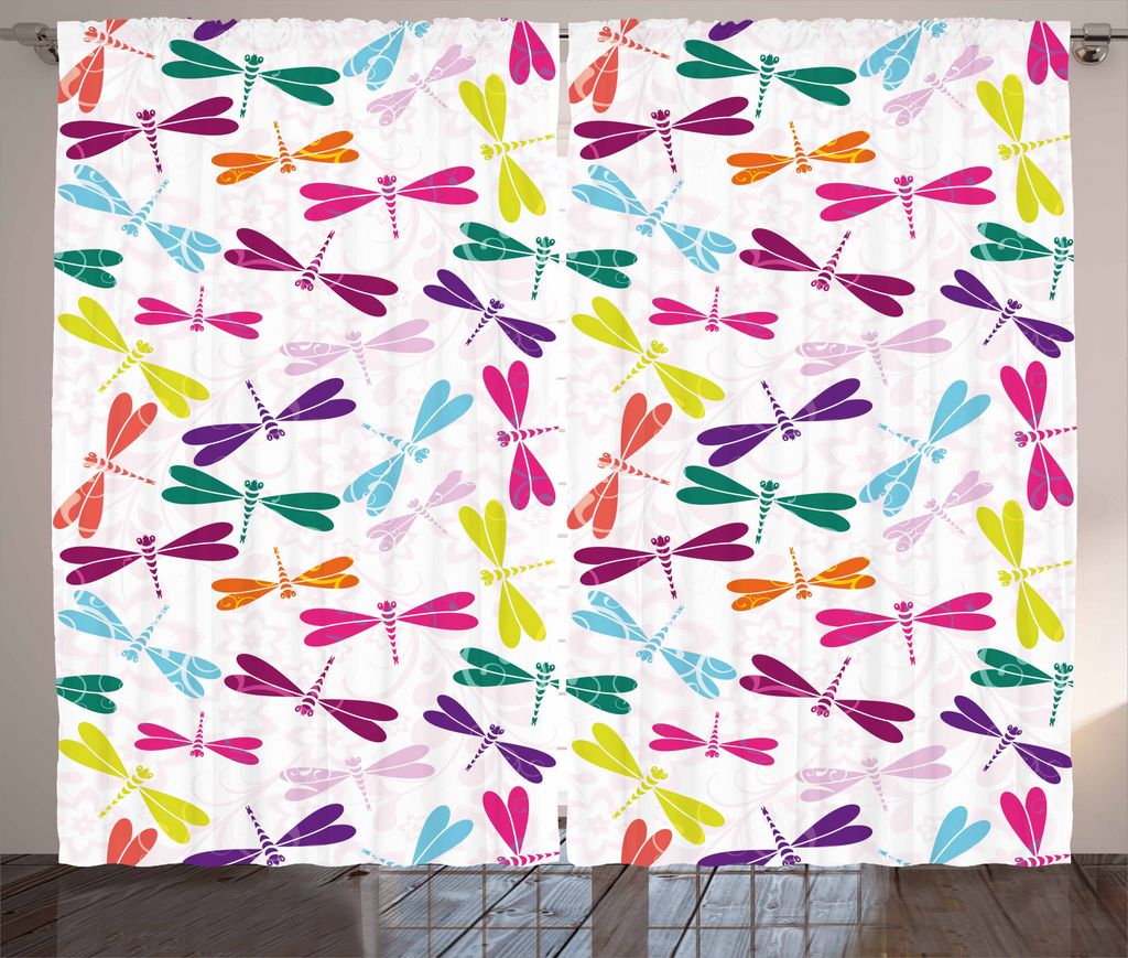 ABAKUHAUS Libelle Rustikaler Vorhang, Nursery Tiere Flora, Wohnzimmer Universalband Gardinen mit Schlaufen und Haken, 280 x 175 cm, Mehrfarbig
