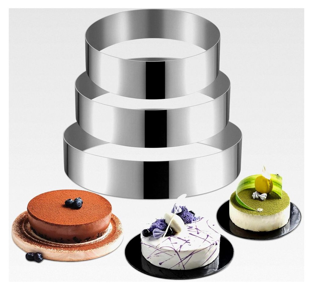 3 Stück Backringe 20, 23, 26 cm, runde Backrahmen aus Edelstahl, Silber, Kuchenform, Ausstecher, Rahmen, Fondant, Gelee, Kuchen, Schaum, Backzubehör
