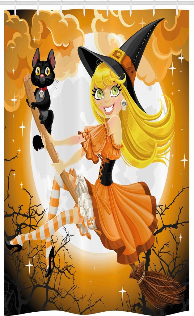 ABAKUHAUS Halloween Schmaler Duschvorhang, Hexe Konzeptionelle Farben, Badezimmer Deko Set aus Stoff mit Haken, 120 x 180 cm, Mehrfarbig