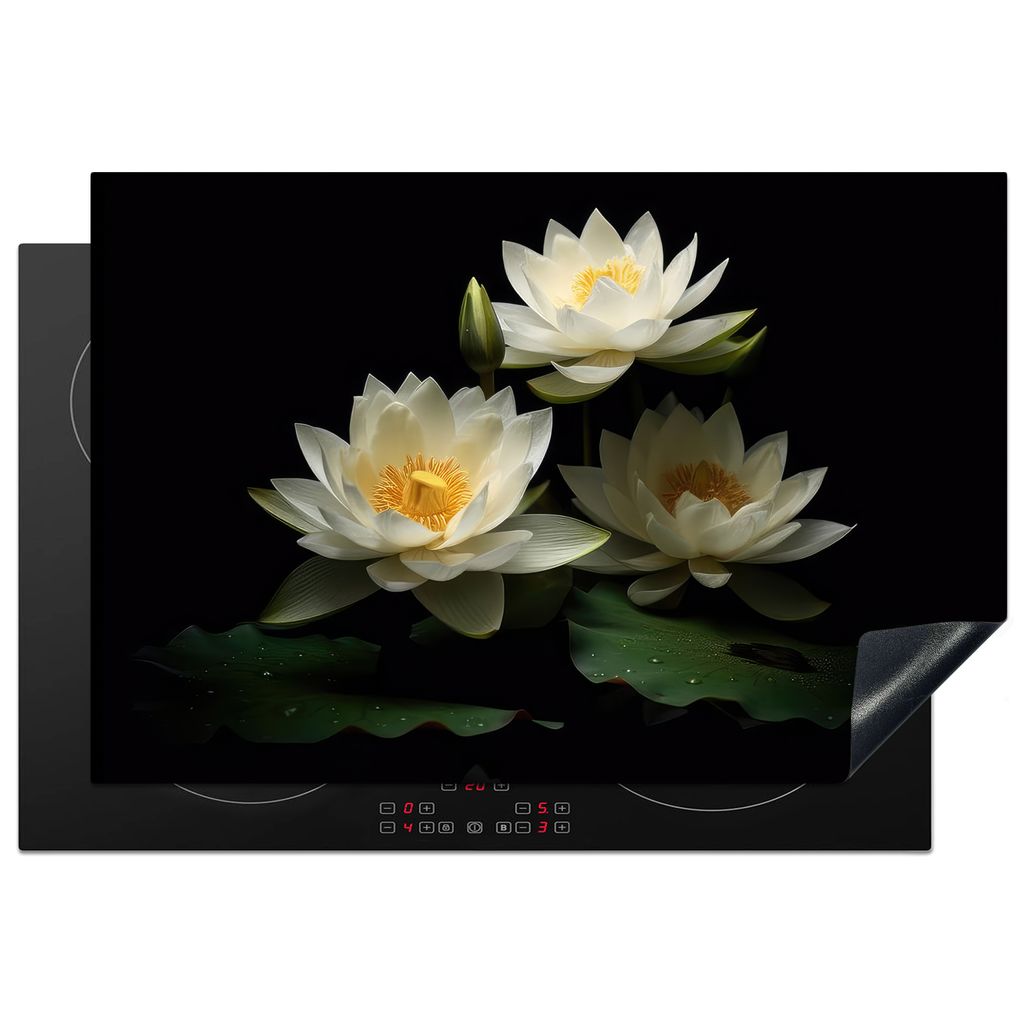 KitchenYeah Herdabdeckplatte Lotus - Blumen - Weiß - Natur - Schwarz , 78x52cm, Küche Deko, Glaskeramikkochfeld Herdabdeckung, Abdeckplatte fù...