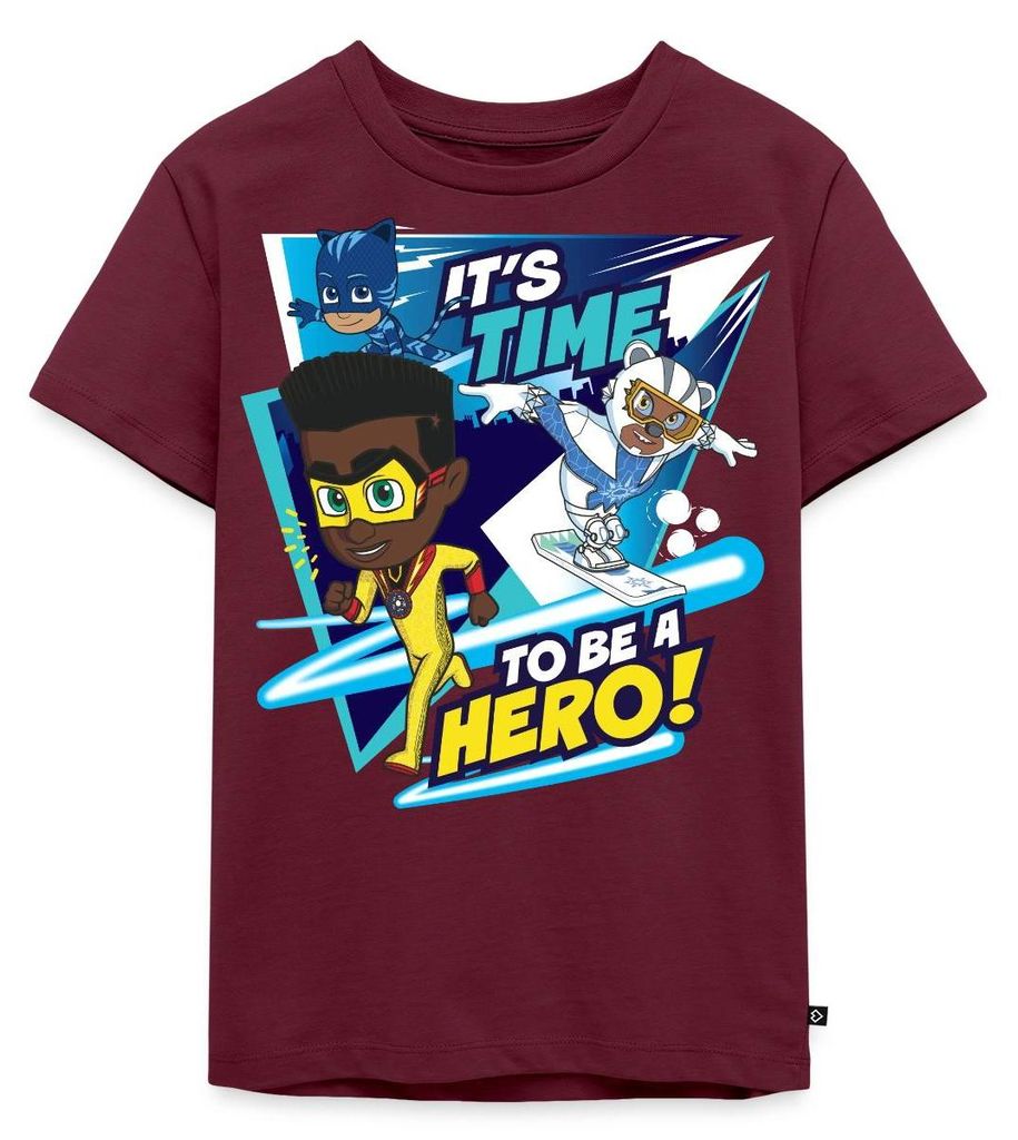 Spreadshirt PJ Masks It's Time To Be A Hero Mit Newton Star Kinder Premium T-Shirt, 110/116 (4 Jahre), Burgunderrot