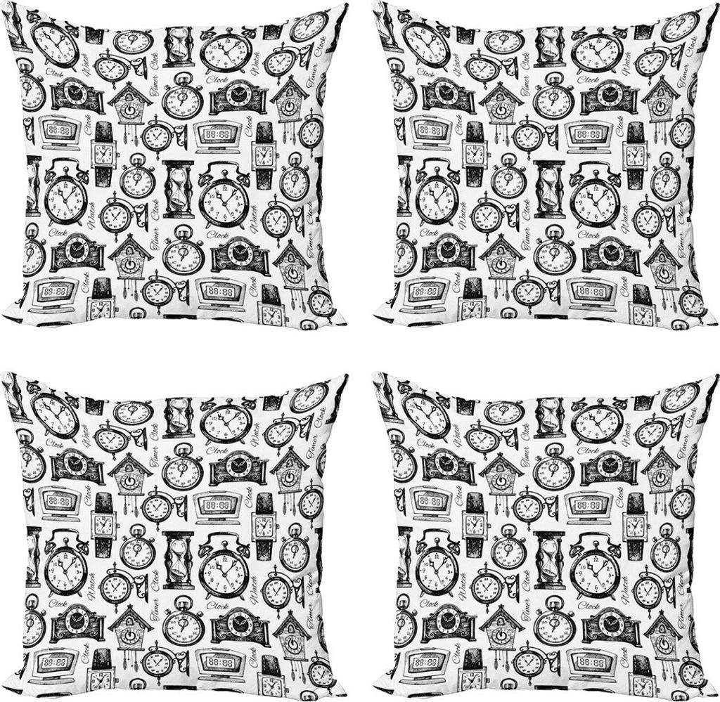 ABAKUHAUS Uhr Kissenbezug Set (4 Stück), Hand Drawn Clocks, Moderner Doppelseitiger Digitaldruck, 60 cm x 60 cm, Schwarz und weiß