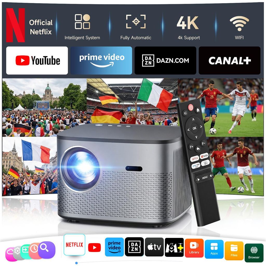 Beamer 4K mit Autofokus & 6D Auto Trapezkorrektur, Netflix  Produktbild 