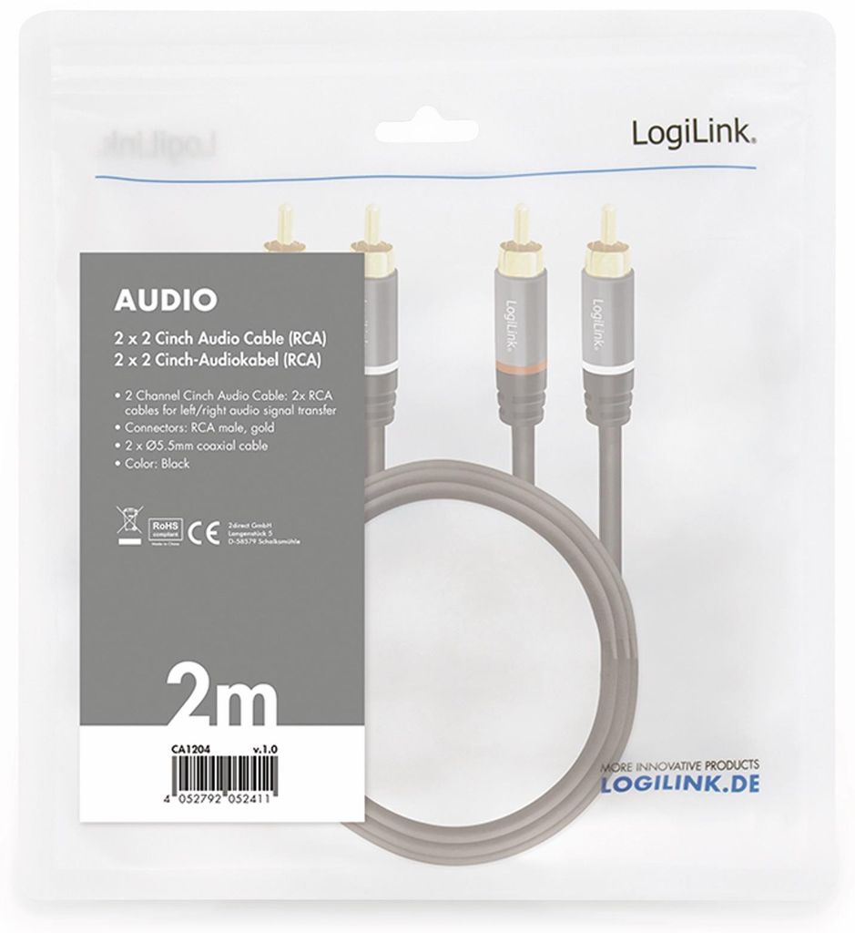 LogiLink CA1204, 2 x RCA, Samec, 2 x RCA, Samec, 2 meter, Productafbeelding 