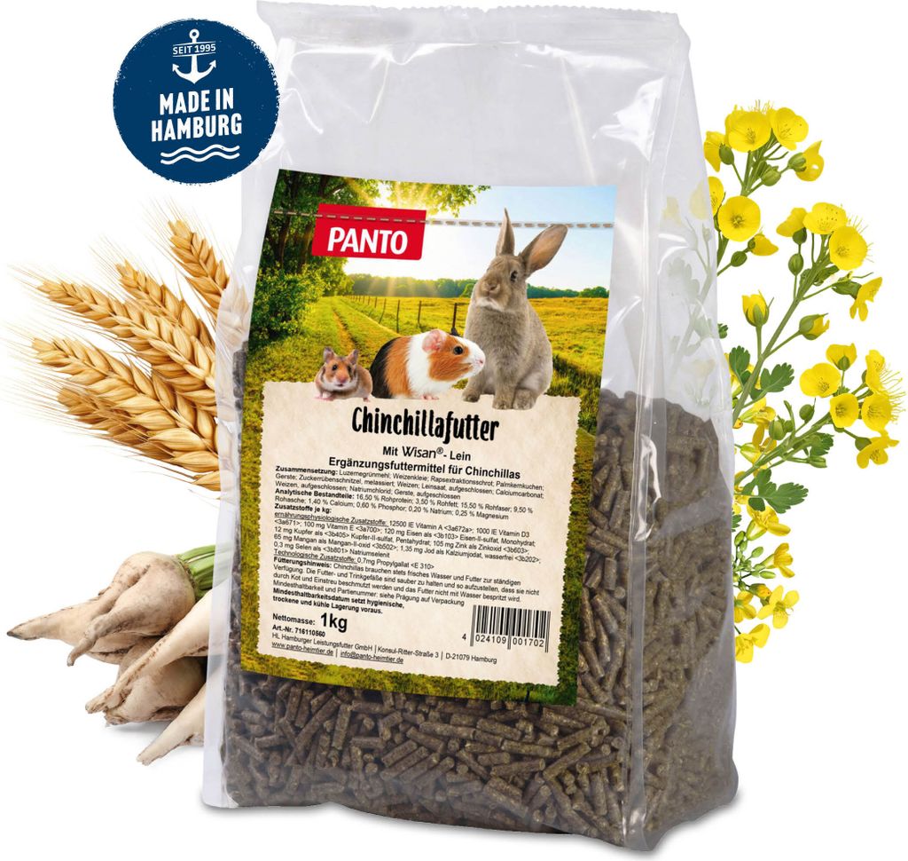 PANTO Chinchillafutter – 5x 1 kg Pellets, ballaststoffreich mit Wisan-Lein