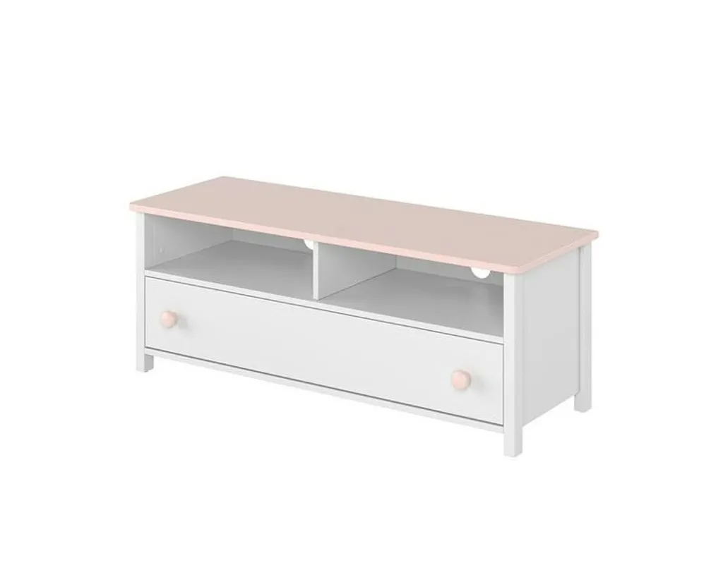 Meuble TV blanc et rose LEGUAN 140cm avec pieds bois et niches de rangement
