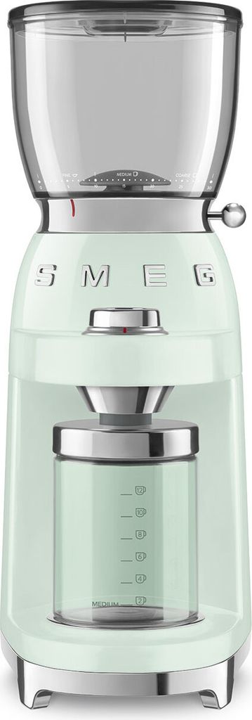 A front view of a pastel green Smeg coffee grinder on a white background.