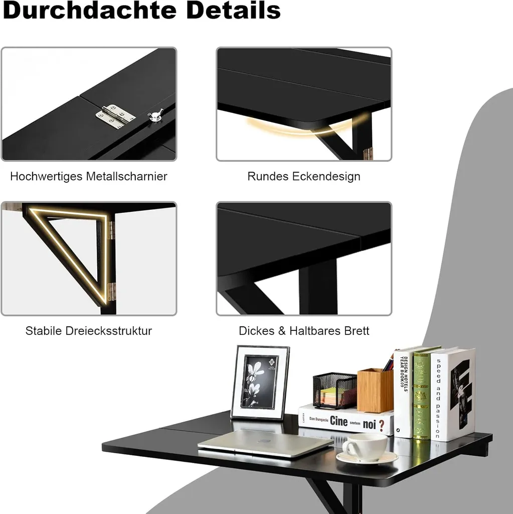 Table Murale Rabattable Noire 80x60cm - Plateau en Bois Robuste Compact