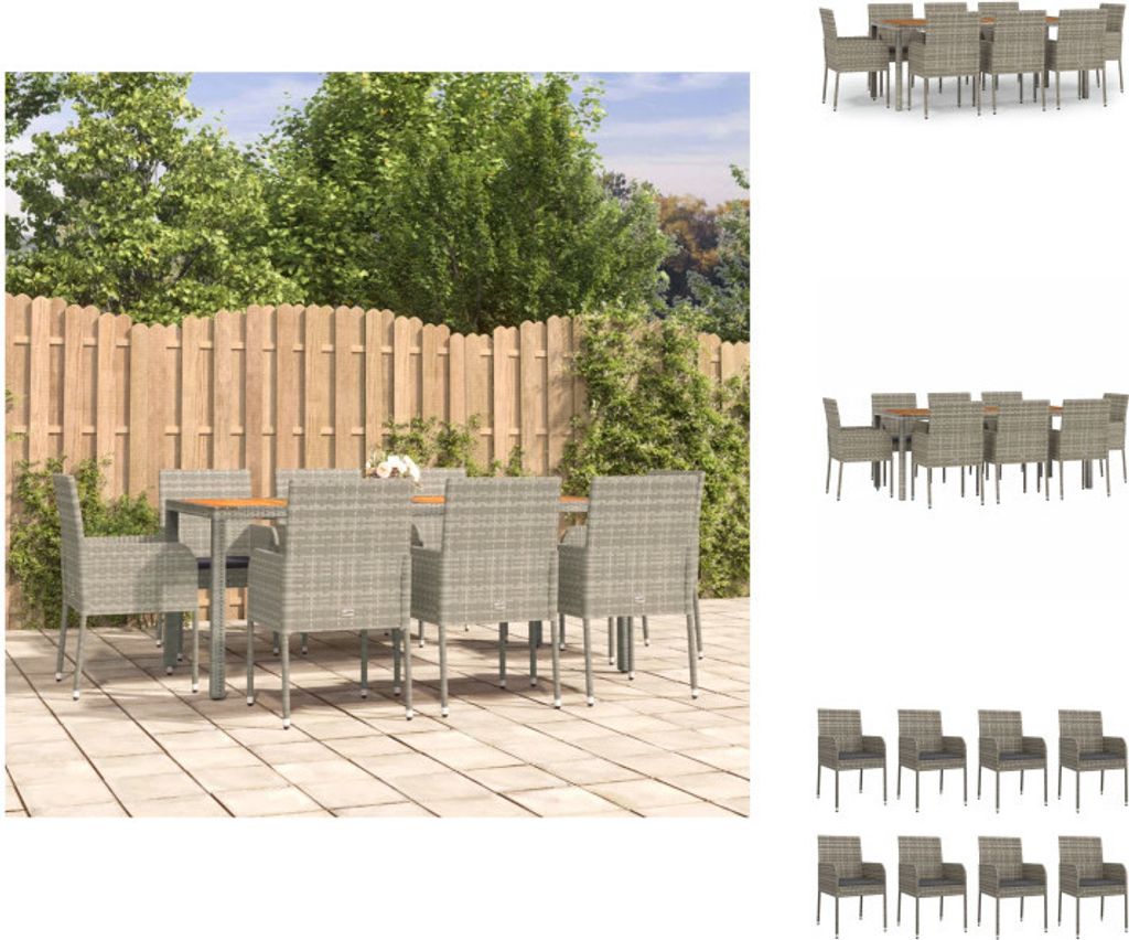 vidaXL 9-tlg. Garten-Essgruppe mit Kissen Grau Poly Rattan - Gartenmöbel-Sets