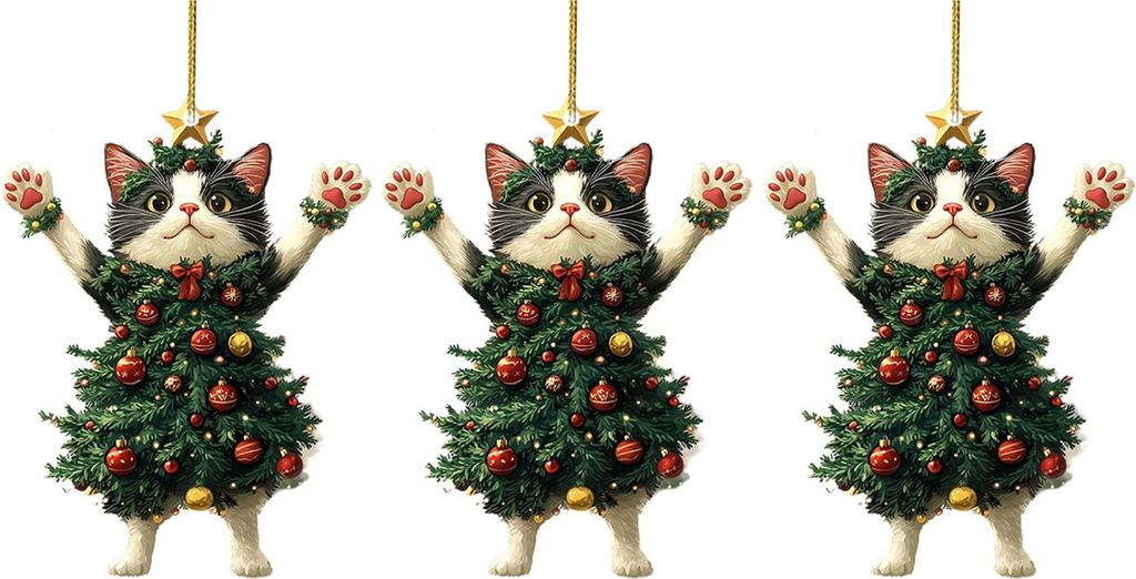 Weihnachtskatze im Weihnachtsbaum, Acryl-Hängeornament, 2D-flacher Auto-Rückspiegel-Anhänger, Weihnachtsgeschenk für Katzenliebhaber