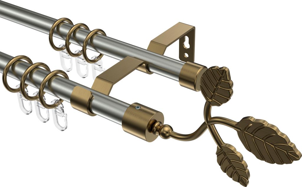 Interdeco Gardinenstange / Vorhangstange Edelstahl-Optik / Messing Antik, Typ Olymp Alessia (Blatt), 16 mm Ø 2-läufig, 200 cm