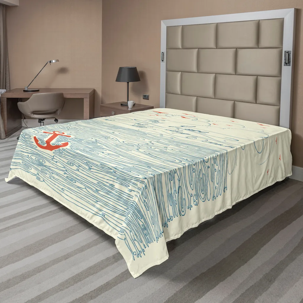 Drap plat anti-plis motif mer et ancre 260x228 cm pour lit grand confort