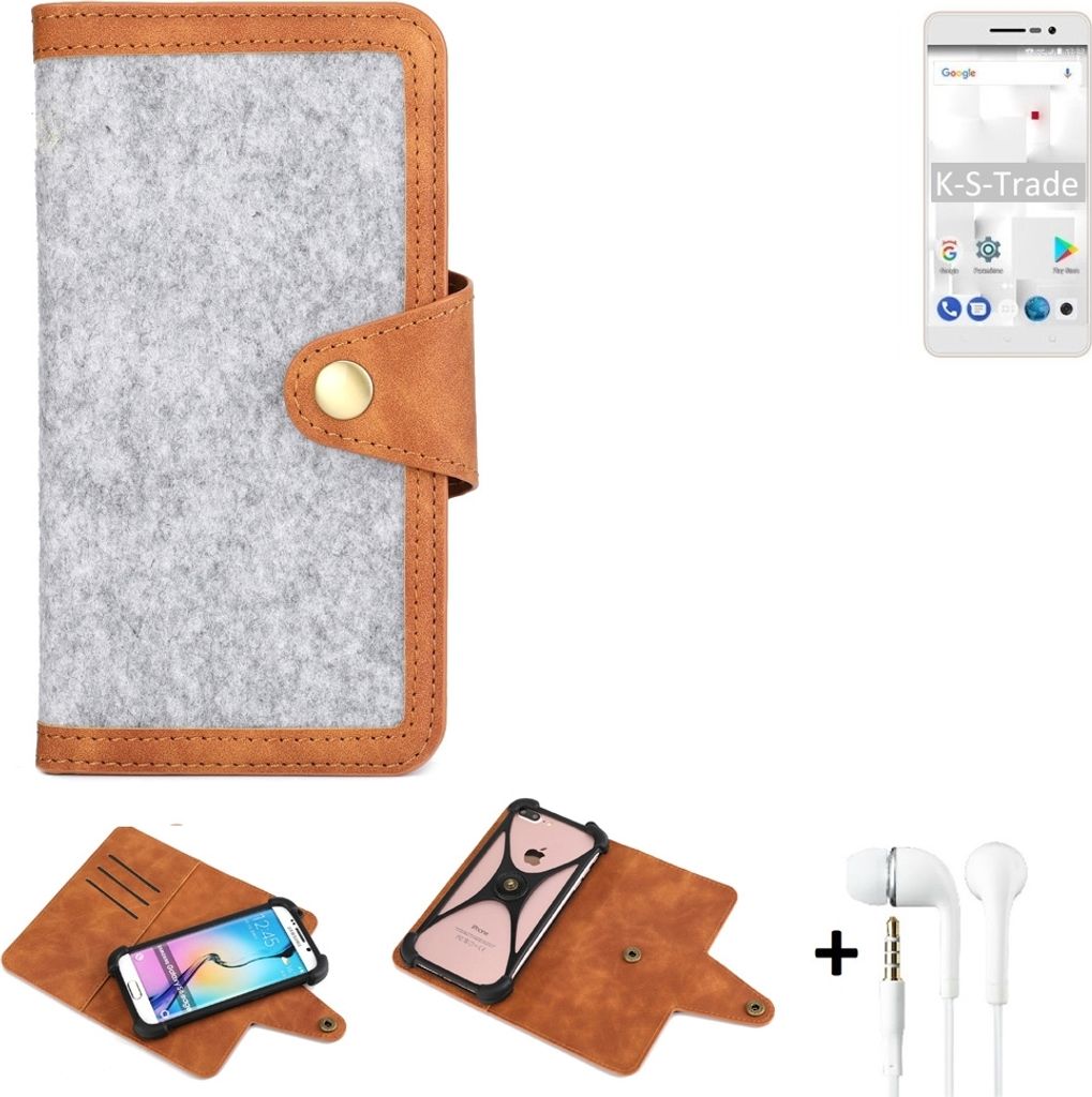 K-S-Trade Handyhülle + Kopfhörer kompatibel mit thomson Delight TH201 Schutzhülle Filz Hülle Kunstleder hellgrau braun (1x)