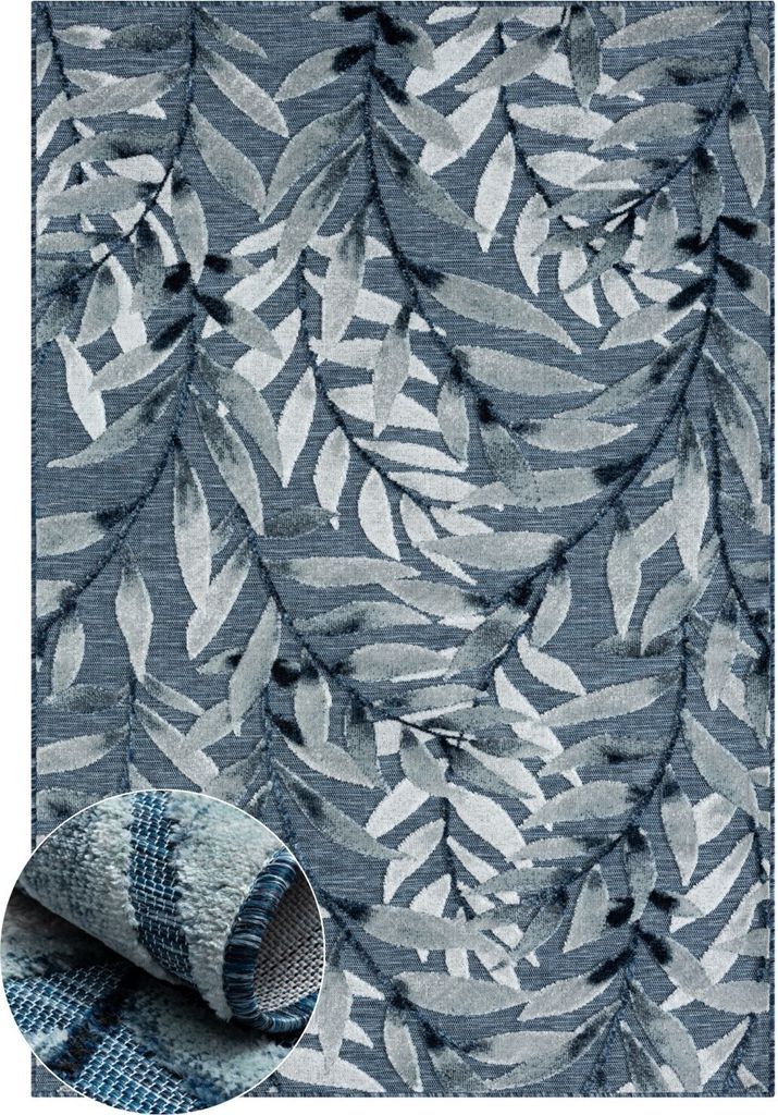 MY-RUG Outdoor-Teppich "Laurel" 200x140 cm, blau, mit floralem Hoch-Tief-Design, für draußen