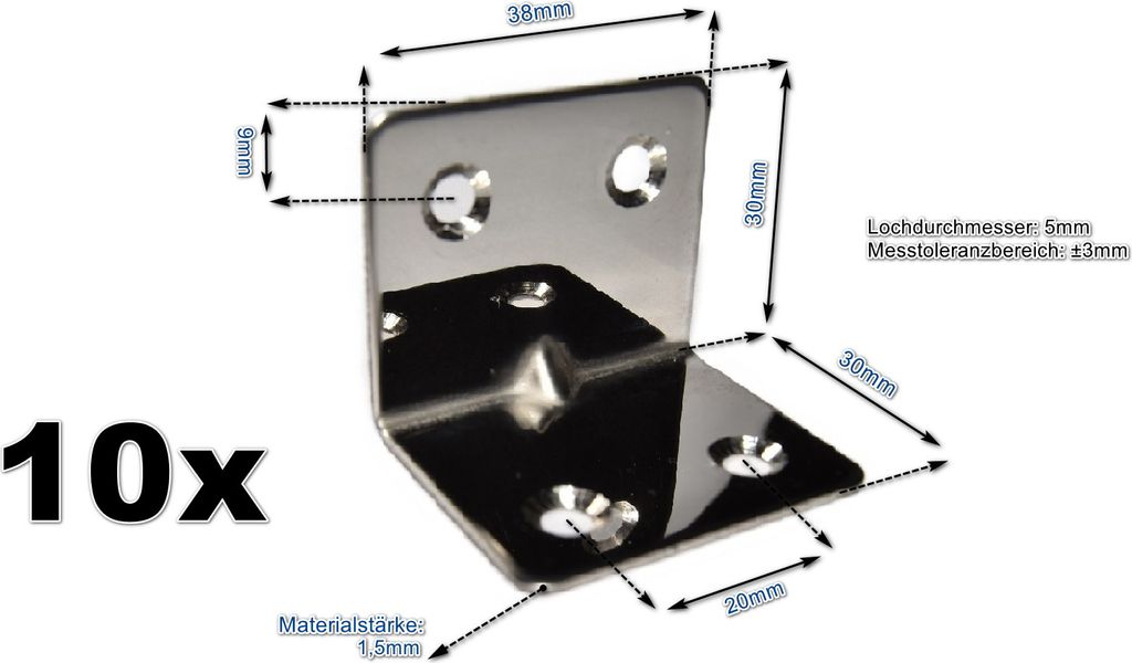 10x Edelstahl Winkel 30x30x38mm Chrom Lochwinkel Metallwinkel Balkenwinkel (SET)