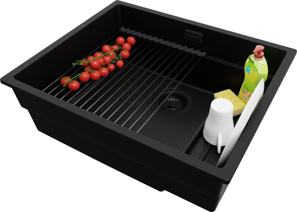 PRIMAGRAN Spülbecken Alles Schwarz 56x47cm, Granitspüle 1 Becken + Ablauf-Set + Aufrollbare Abtropffläche, Küchenspüle ab 60er Unterschrank - ...