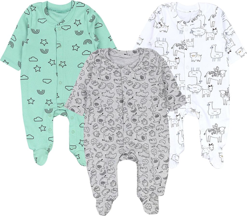 TupTam Baby Jungen Schlafstrampler Langarm Strampler Schlafanzug mit Fuß 3er Pack, Farbe: Salbeigrün Weiß Tiere Sterne Regenbogen, Größe: 68