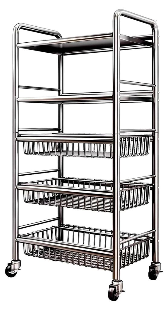 Verstellbares Küchenregal mit feststellbaren Rollen und abnehmbaren Netzkörben für organisierte Wohnräume