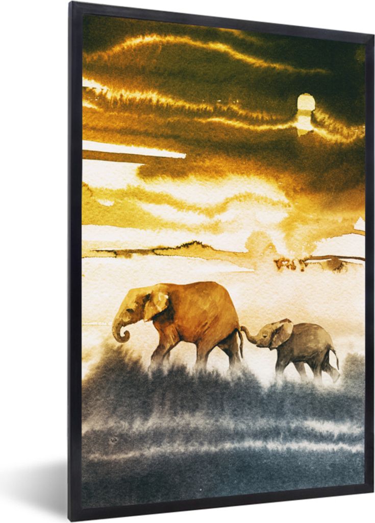 MuchoWow MuchoWow Gerahmtes Poster Elefant - Schwanz - Gelb - Blau 40x60 cm - Poster mit zchwarzem Bilderrahmen - Papierdruck - Wandbilder