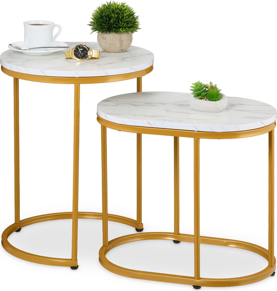 Relaxdays Satztisch, 2er Set, Beistelltisch rund & oval, Marmoroptik, Metallbeine, Wohnzimmer, Couchtisch, weiß/gold