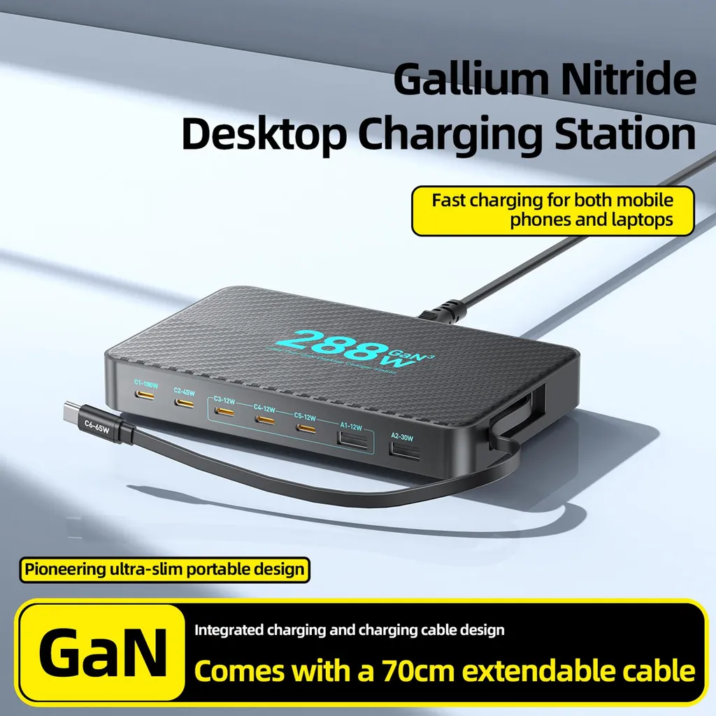 Chargeur 8 ports 288W rapide avec câble rétractable gain de place Pro