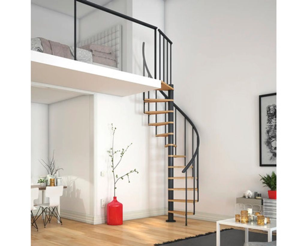 Pertura Spindeltreppe Arissa Buche Mutliplex Ø 120 cm Anthrazit 11 Stück Stufen 12 Steigungen Stabgeländer Anthrazit