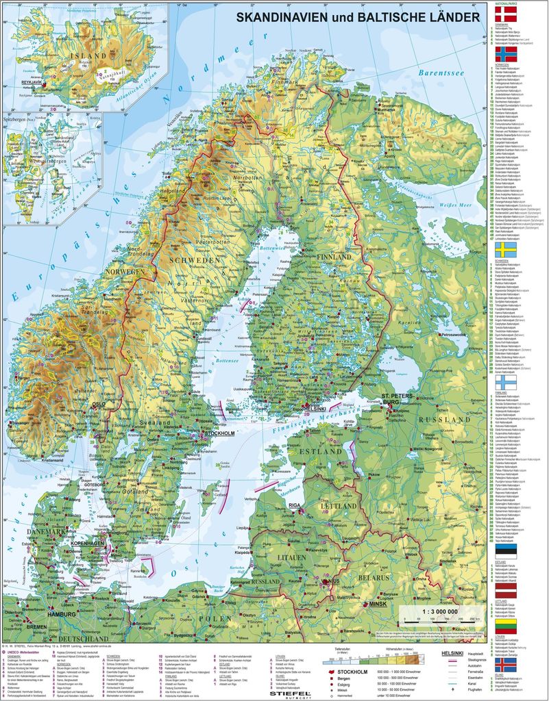 Skandinavien und Baltikum physisch, Wandkarte / Poster