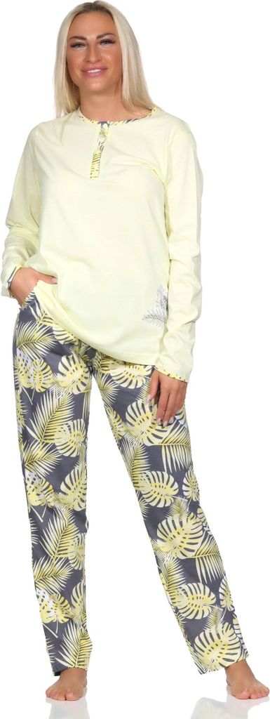 Normann Damen langarm Schlafanzug Pyjama mit Hose in floralem Print - auch in Übergrössen ; gelb , 44