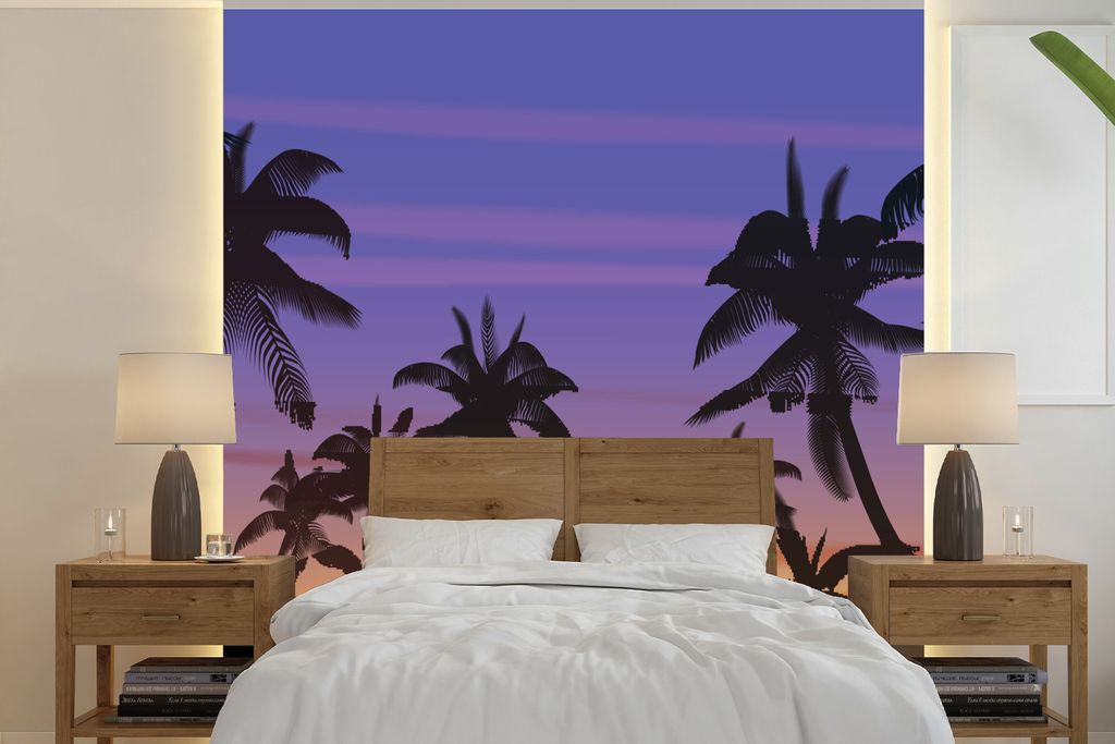 MuchoWow Fototapete für Wohnzimmer oder Schlafzimmer Wandtapete Vinyl Motivtapete Sonne - Palme - Meer - 220x220 cm - Tapeten