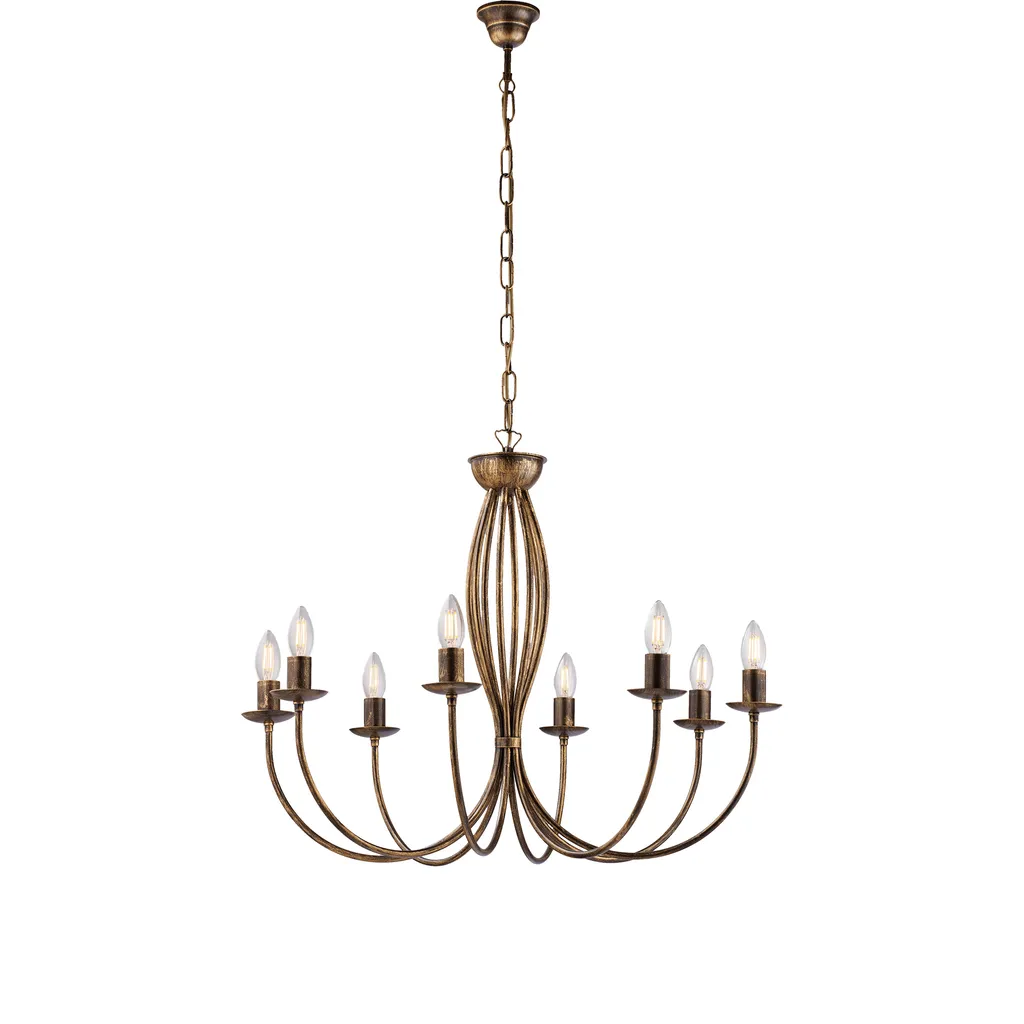 Lustre 8 Lumières en Fer Laqué Marron et Patine Or Vieilli - 74cm