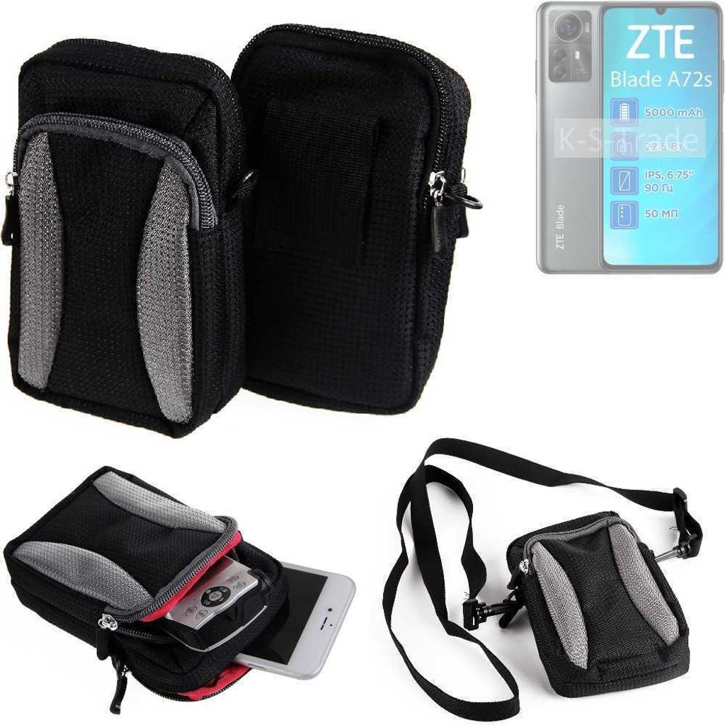 K-S-Trade Holster Schutz Hülle kompatibel mit ZTE Blade A72s Handy Hülle Gürteltasche Umhängetasche mit Zusatzfach schwarz