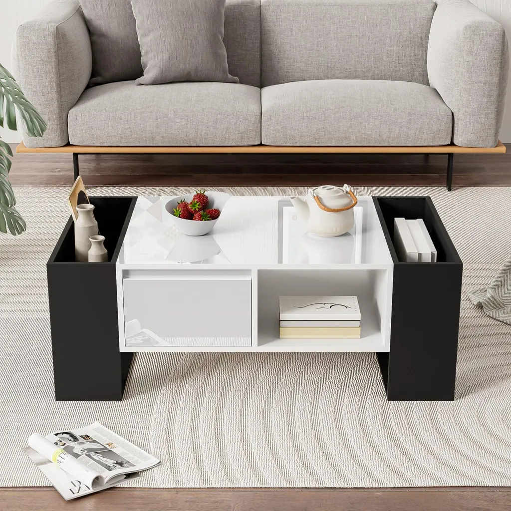 Table basse de salon avec tiroir et niches - Idéal pour rangement et déco